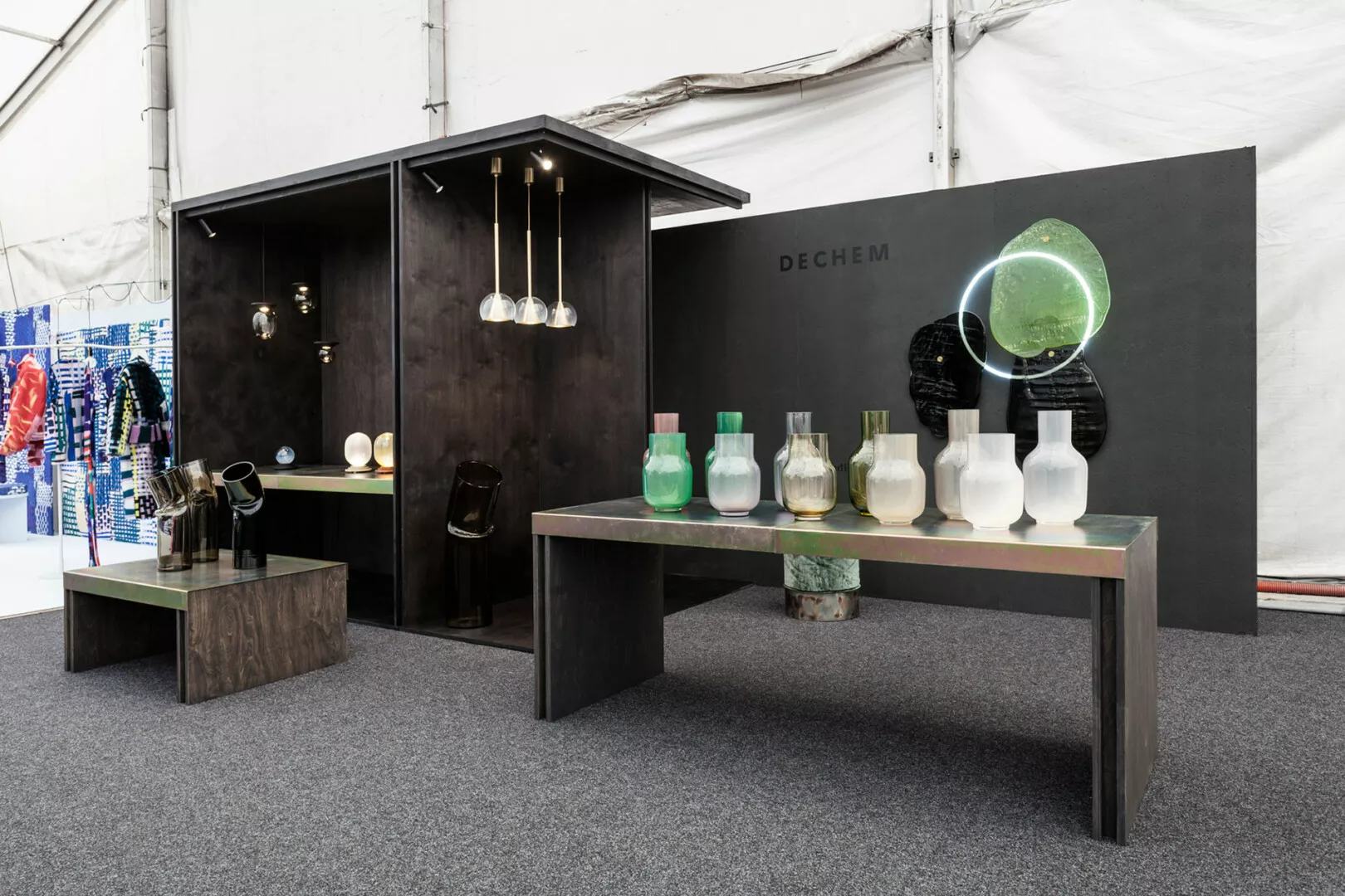 Modern Dechem studio glassware exhibit display.