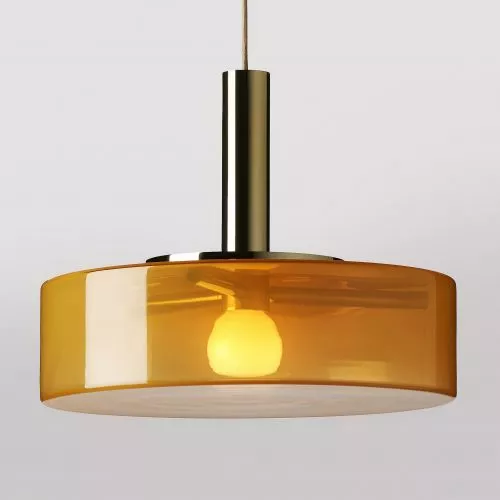 Modern amber pendant lamp with illuminated bulb.